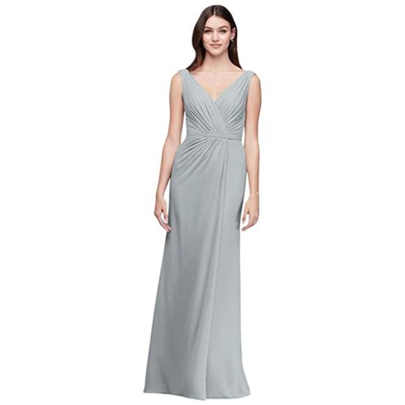 David's Bridal Faux Wrap Grey Bridesmaid Dress Bust Maxi F19585 Mercury sz 0 XS - Picture 1 of 10